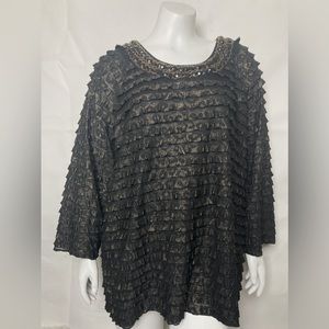 Investments Dillard’s beaded ruffle black leopard tunic style blouse Size 3X